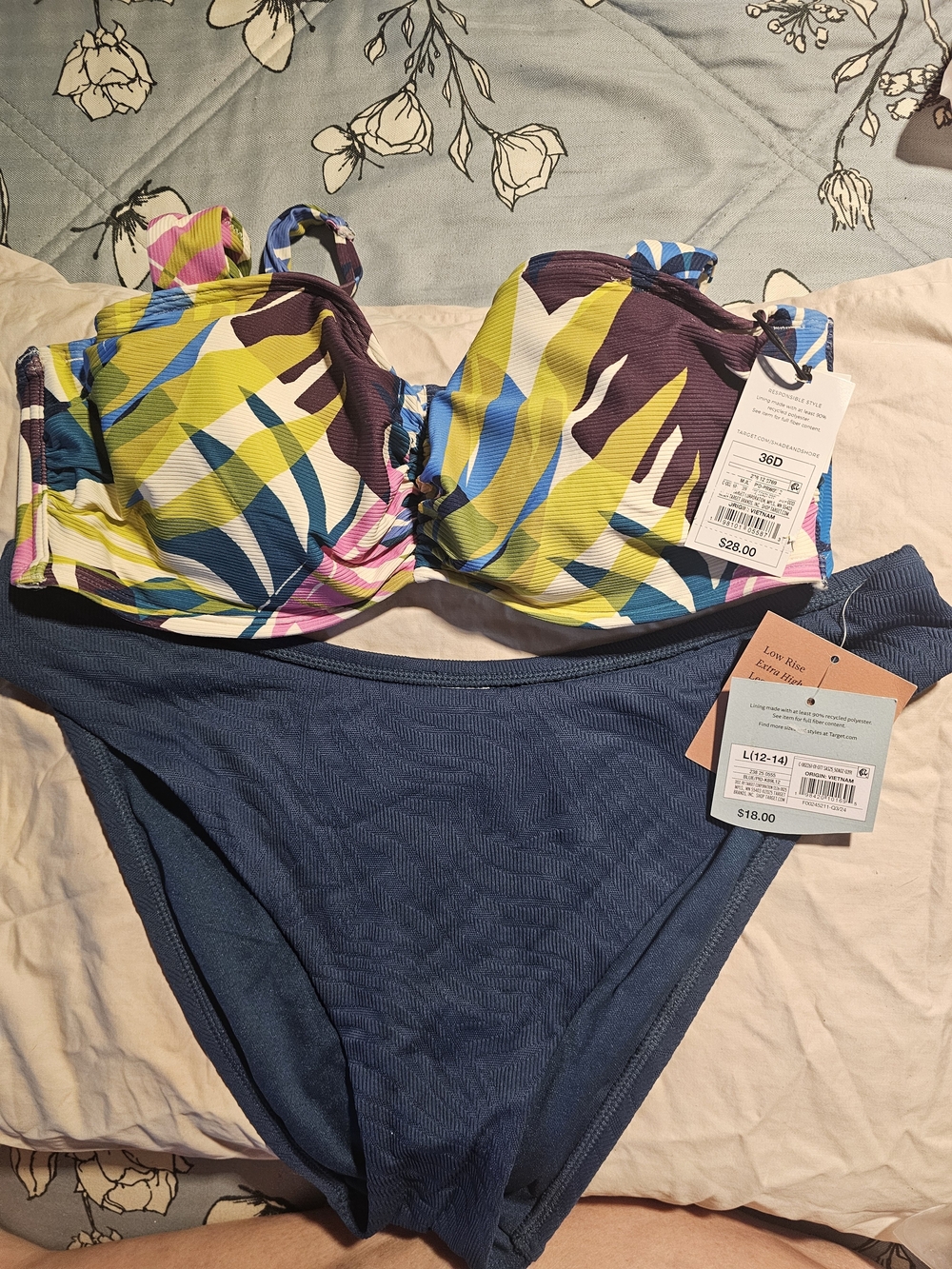 Women's Multicolor Leaf Print Bikini Top with Blue Low Rise Bottom